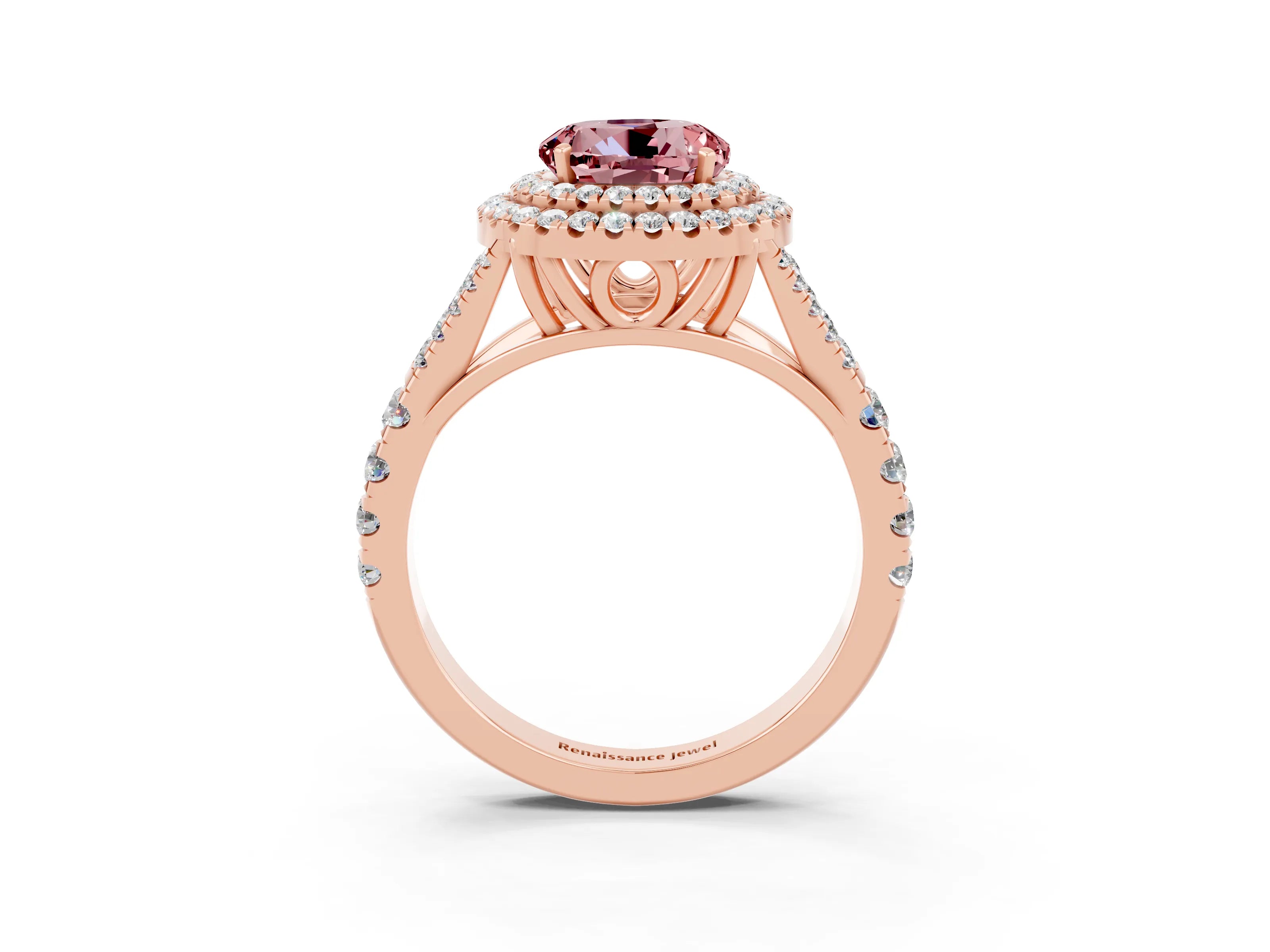 Rose gold Round Cut Morganite Double Halo Ring with Split Shank and Prong Setting_15