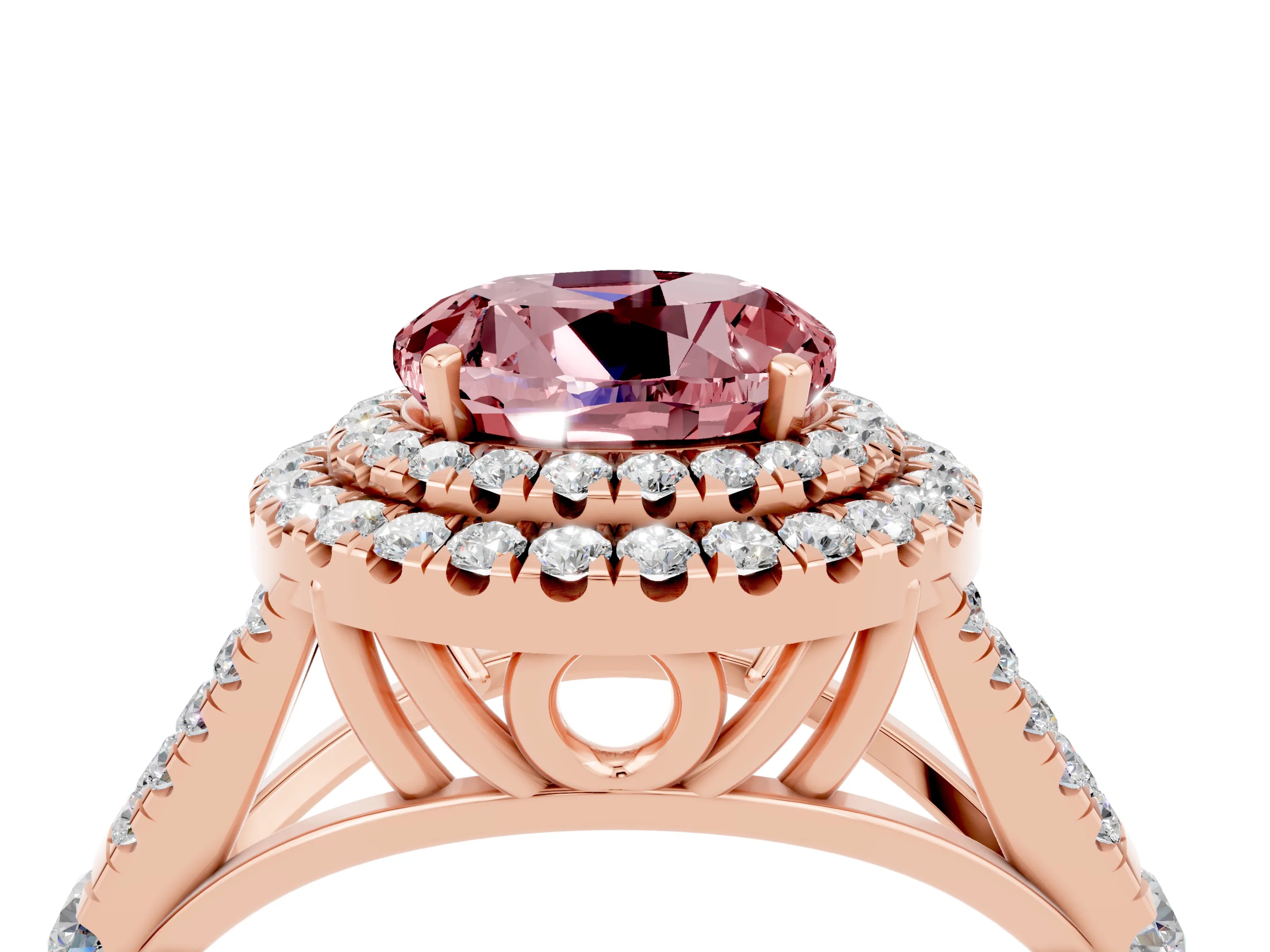 Rose gold Round Cut Morganite Double Halo Ring with Split Shank and Prong Setting_16