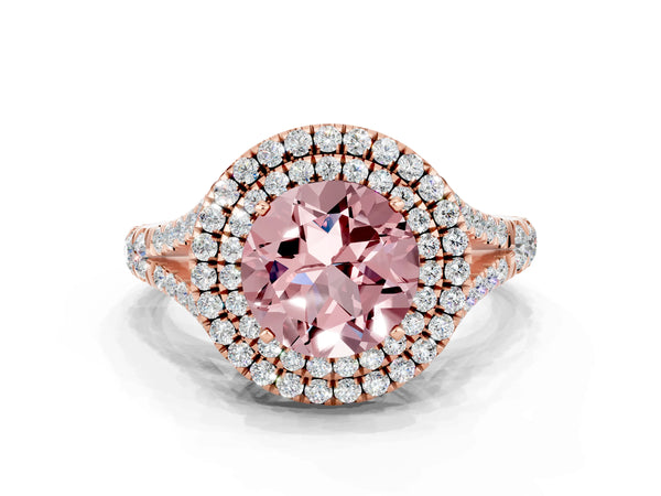 Rose gold Round Cut Morganite Double Halo Ring with Split Shank and Prong Setting