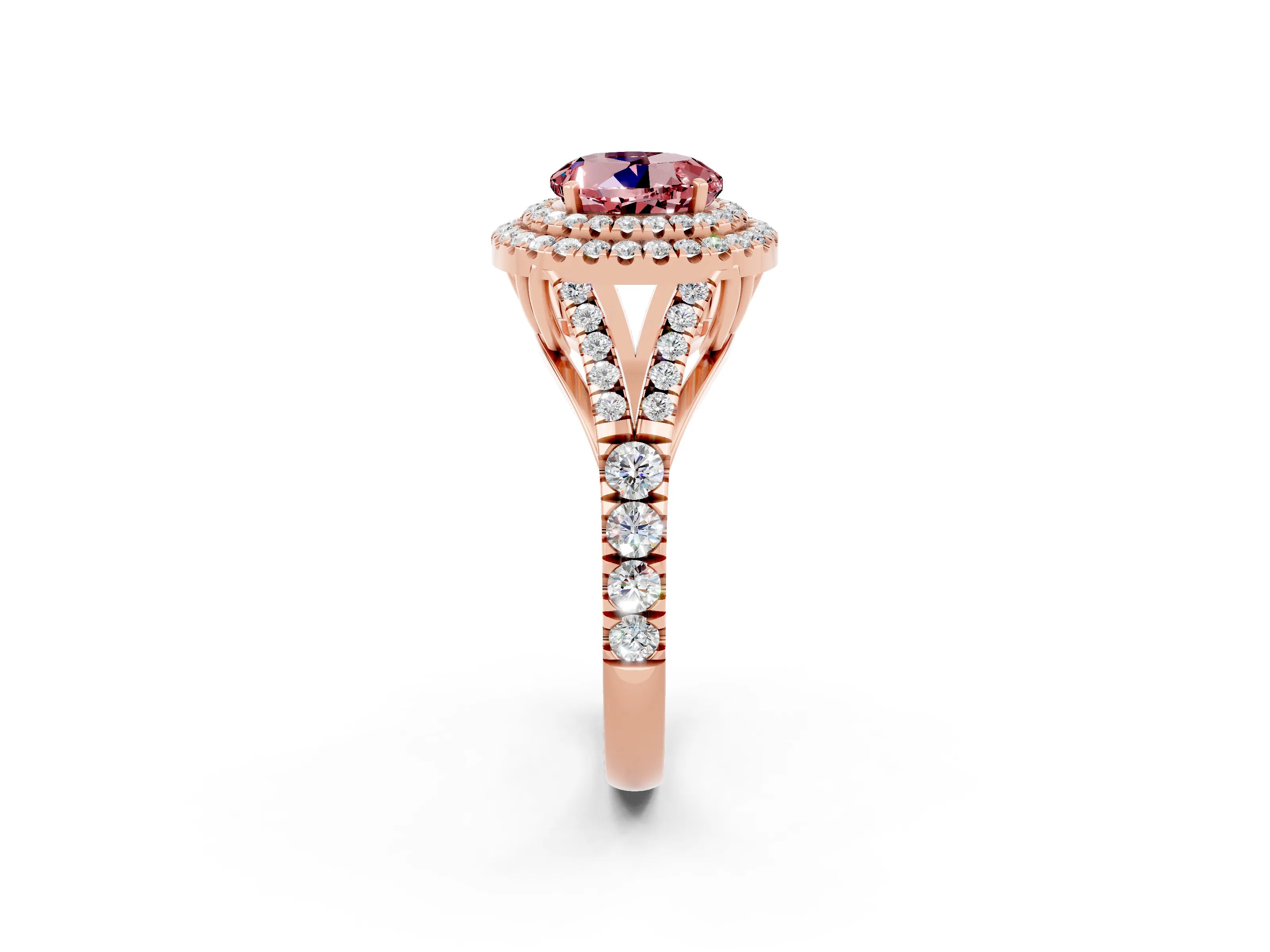 Rose gold Round Cut Morganite Double Halo Ring with Split Shank and Prong Setting_22