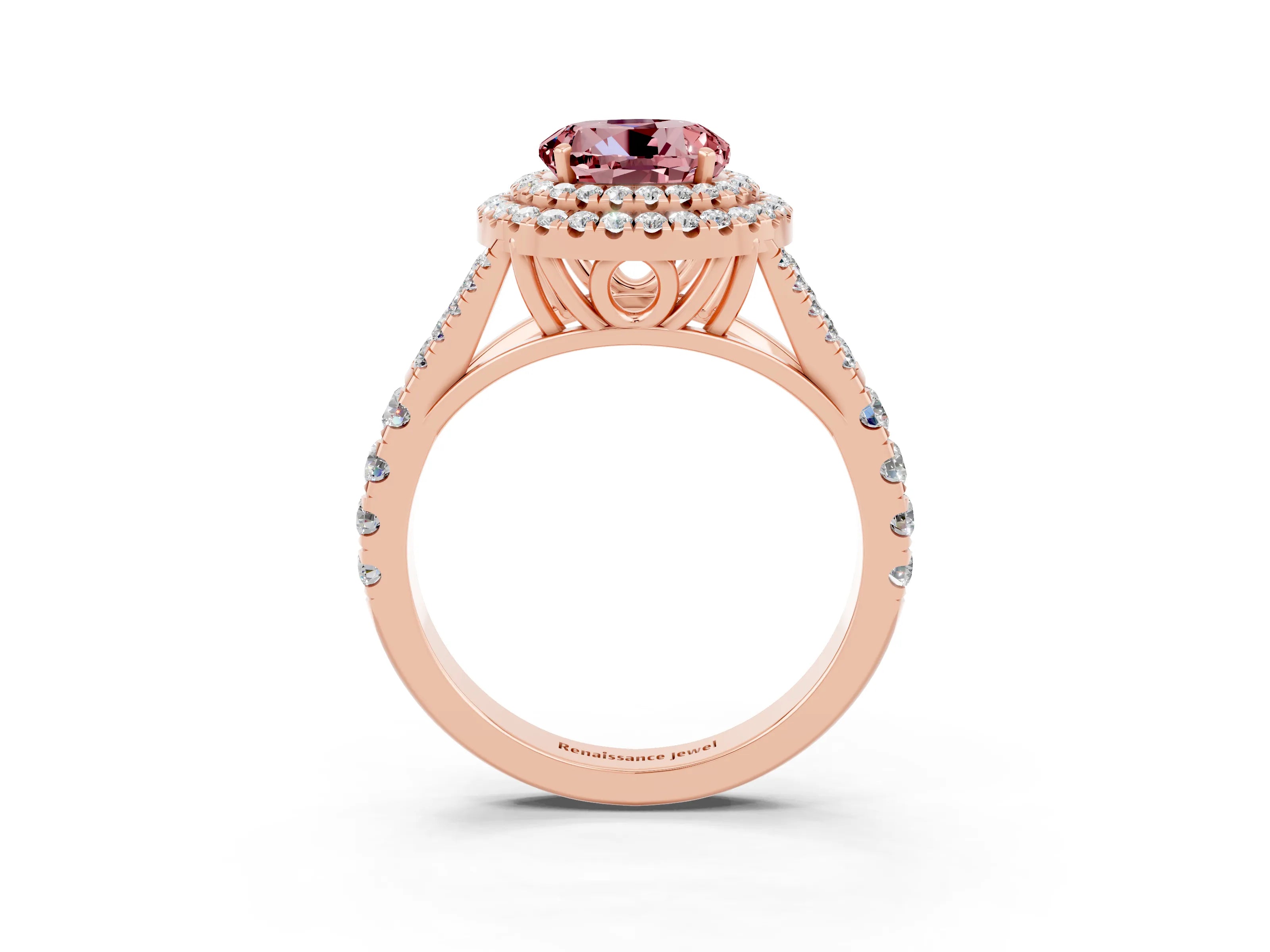 Rose gold Round Cut Morganite Double Halo Ring with Split Shank and Prong Setting_23