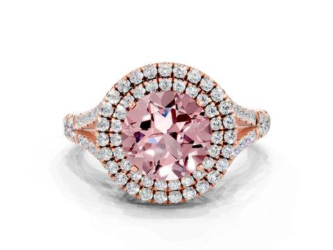 Rose gold Round Cut Morganite Double Halo Ring with Split Shank and Prong Setting_32