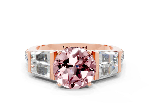 Rose gold Round Cut Morganite Engagement Ring with Baguette Side Stones and Channel Set Band