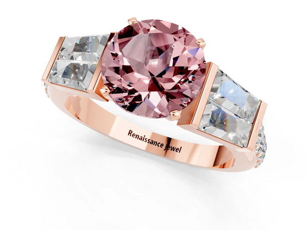 Rose gold Round Cut Morganite Engagement Ring with Baguette Side Stones and Channel Set Band