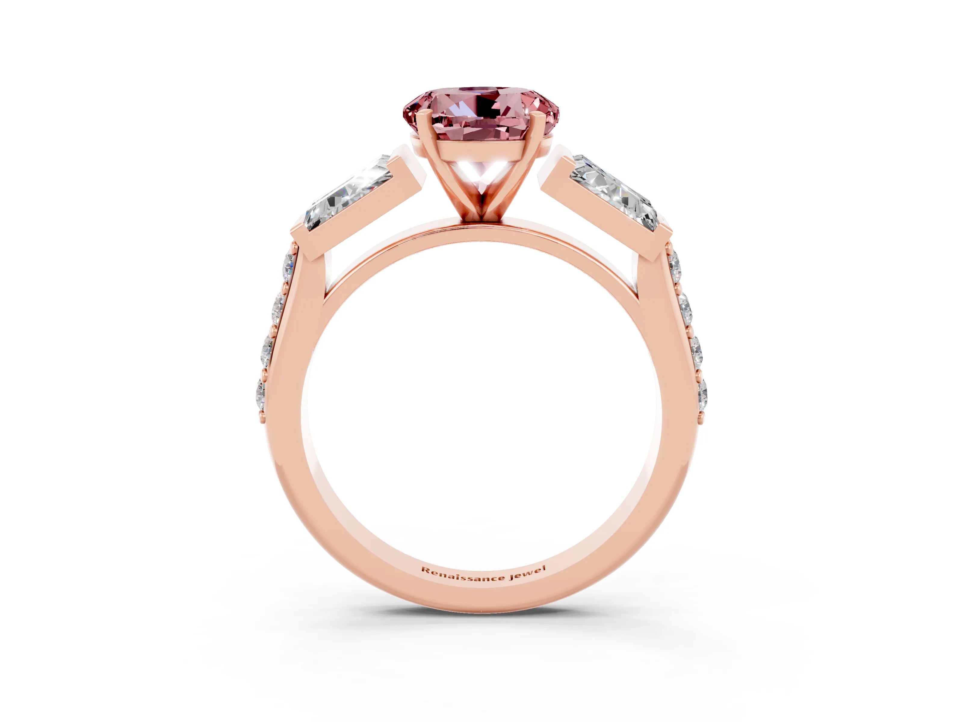 Rose gold Round Cut Morganite Engagement Ring with Baguette Side Stones and Channel Set Band_3