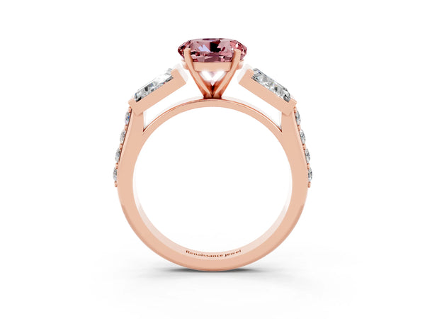 Rose gold Round Cut Morganite Engagement Ring with Baguette Side Stones and Channel Set Band