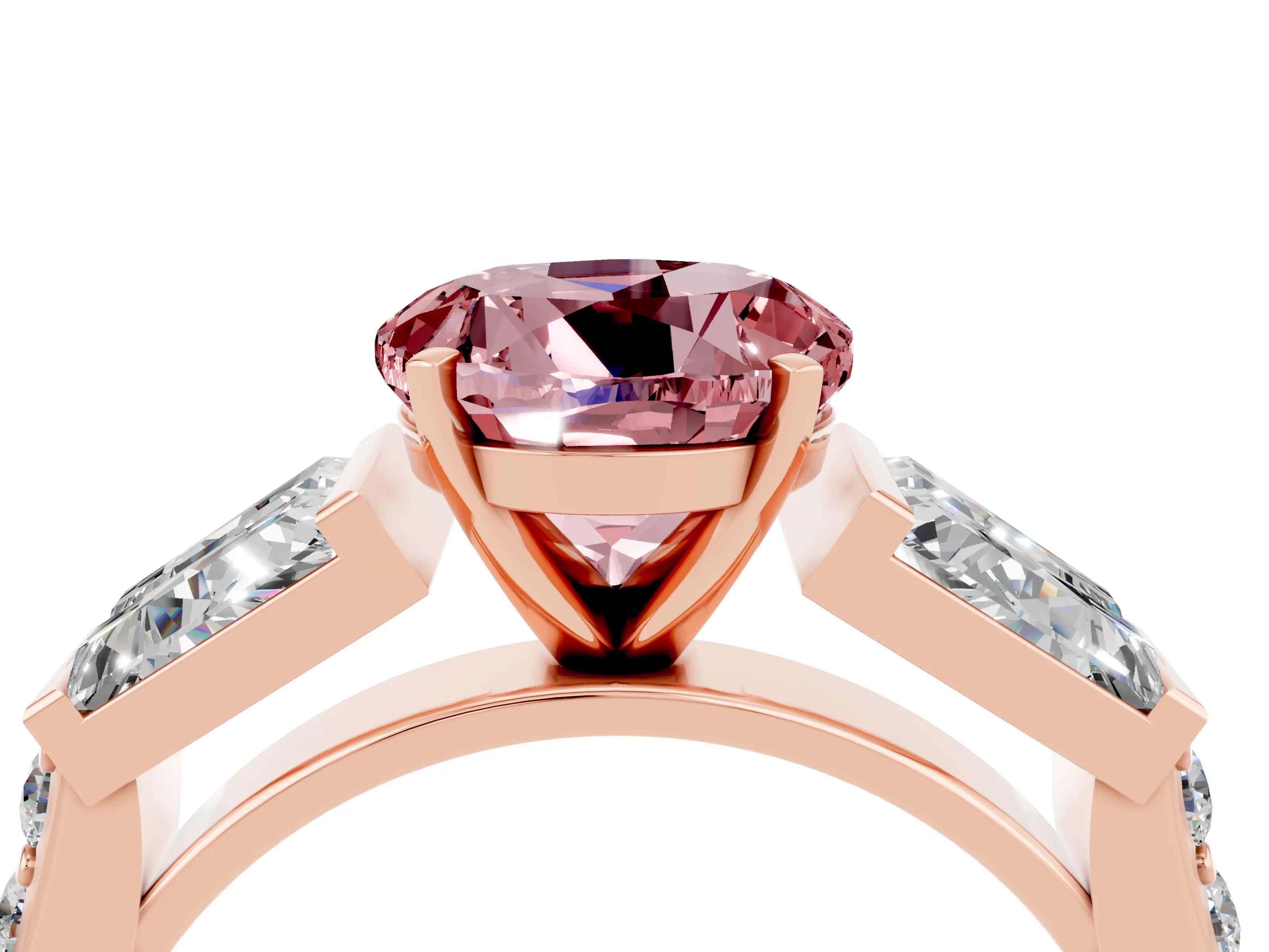 Rose gold Round Cut Morganite Engagement Ring with Baguette Side Stones and Channel Set Band_4
