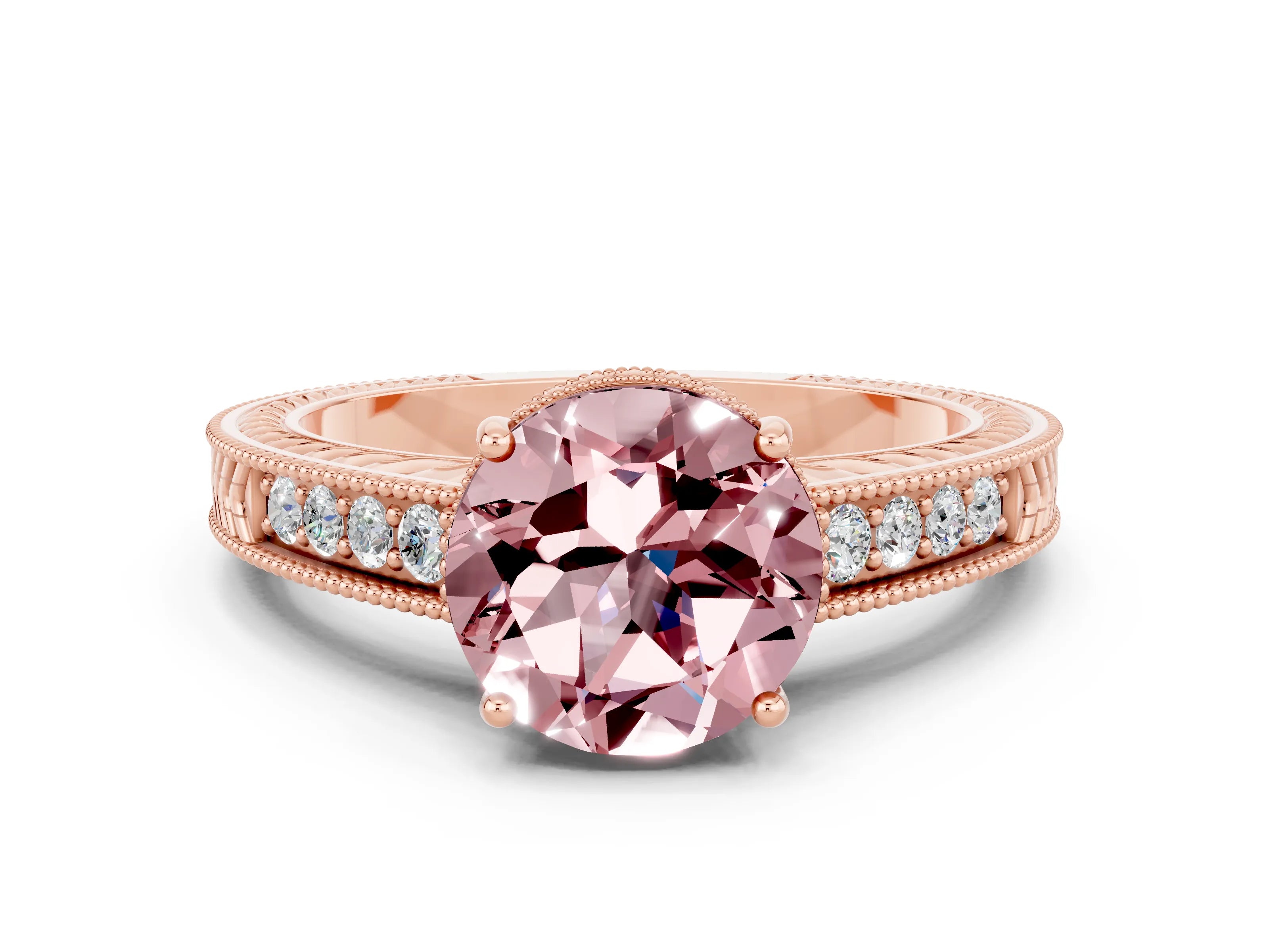 Rose gold Round Cut Morganite Engagement Ring with Milgrain Channel Set Band and Prong Setting