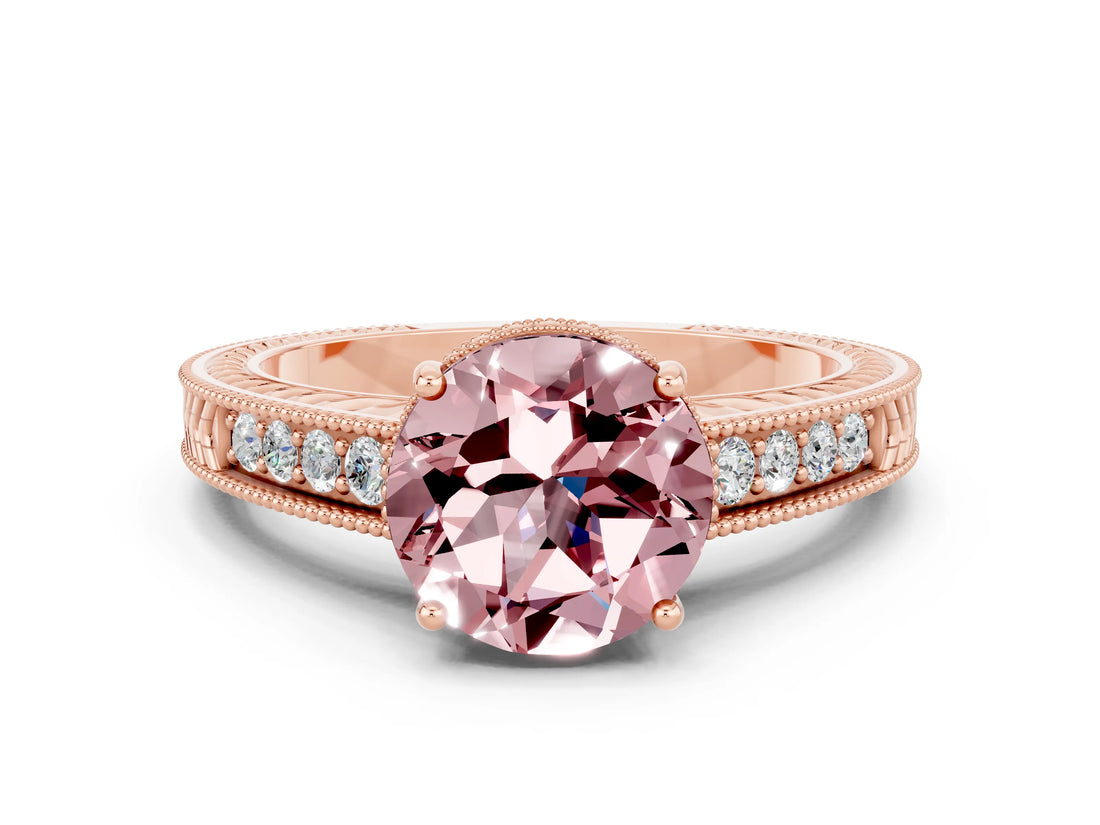 Rose gold Round Cut Morganite Engagement Ring with Milgrain Channel Set Band and Prong Setting
