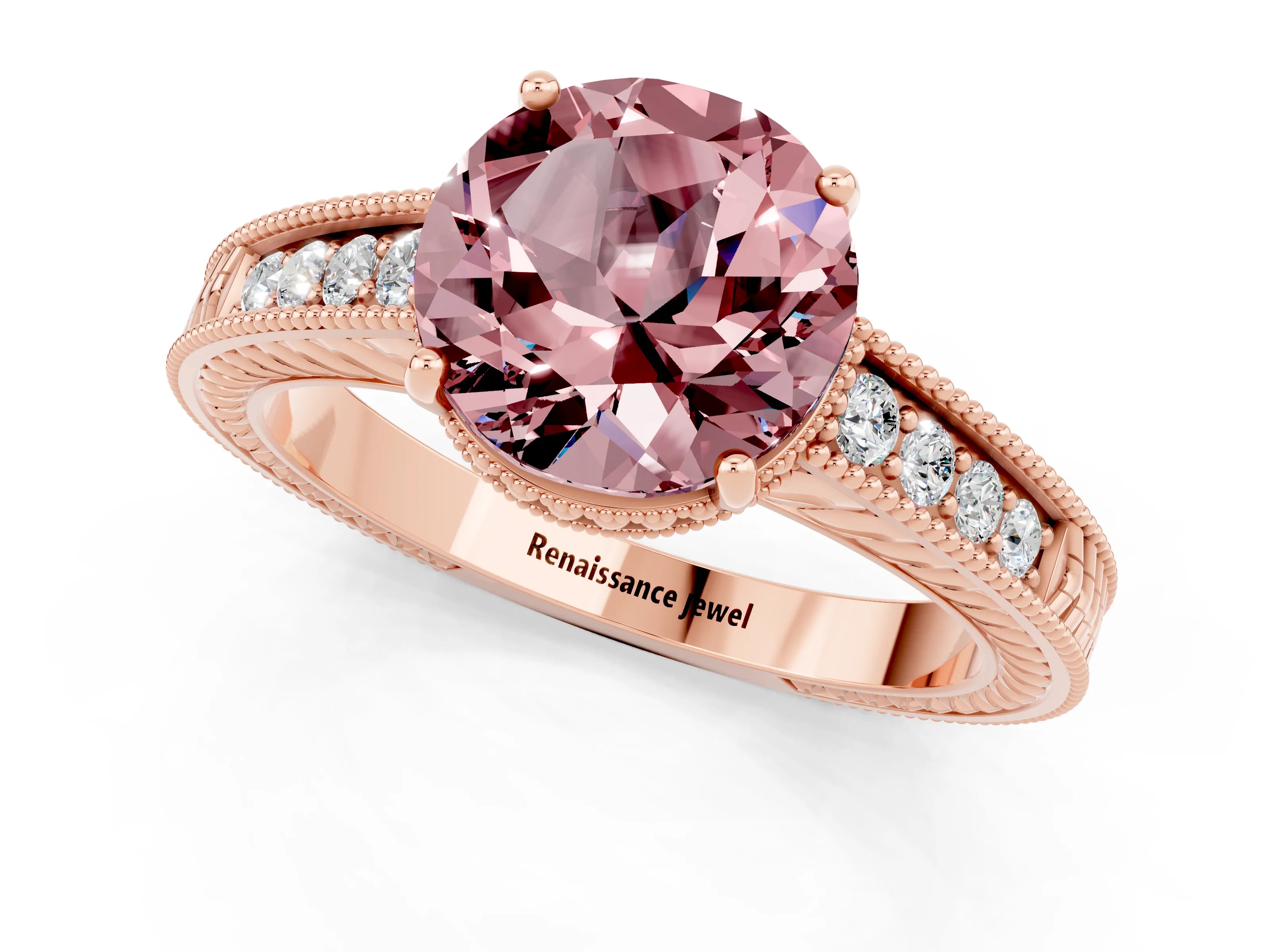 Rose gold Round Cut Morganite Engagement Ring with Milgrain Channel Set Band and Prong Setting_1