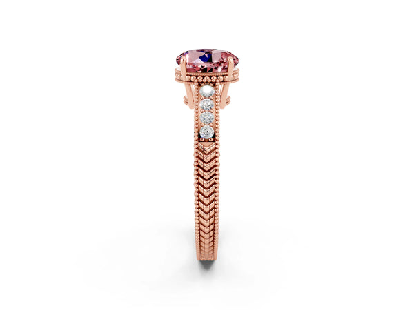 Rose gold Round Cut Morganite Engagement Ring with Milgrain Channel Set Band and Prong Setting
