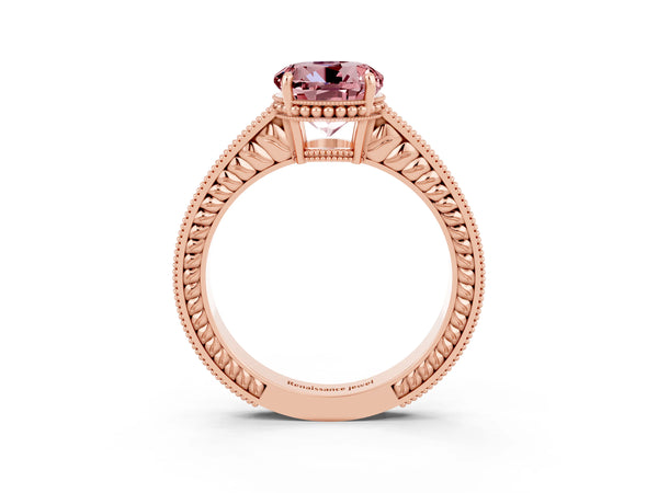 Rose gold Round Cut Morganite Engagement Ring with Milgrain Channel Set Band and Prong Setting