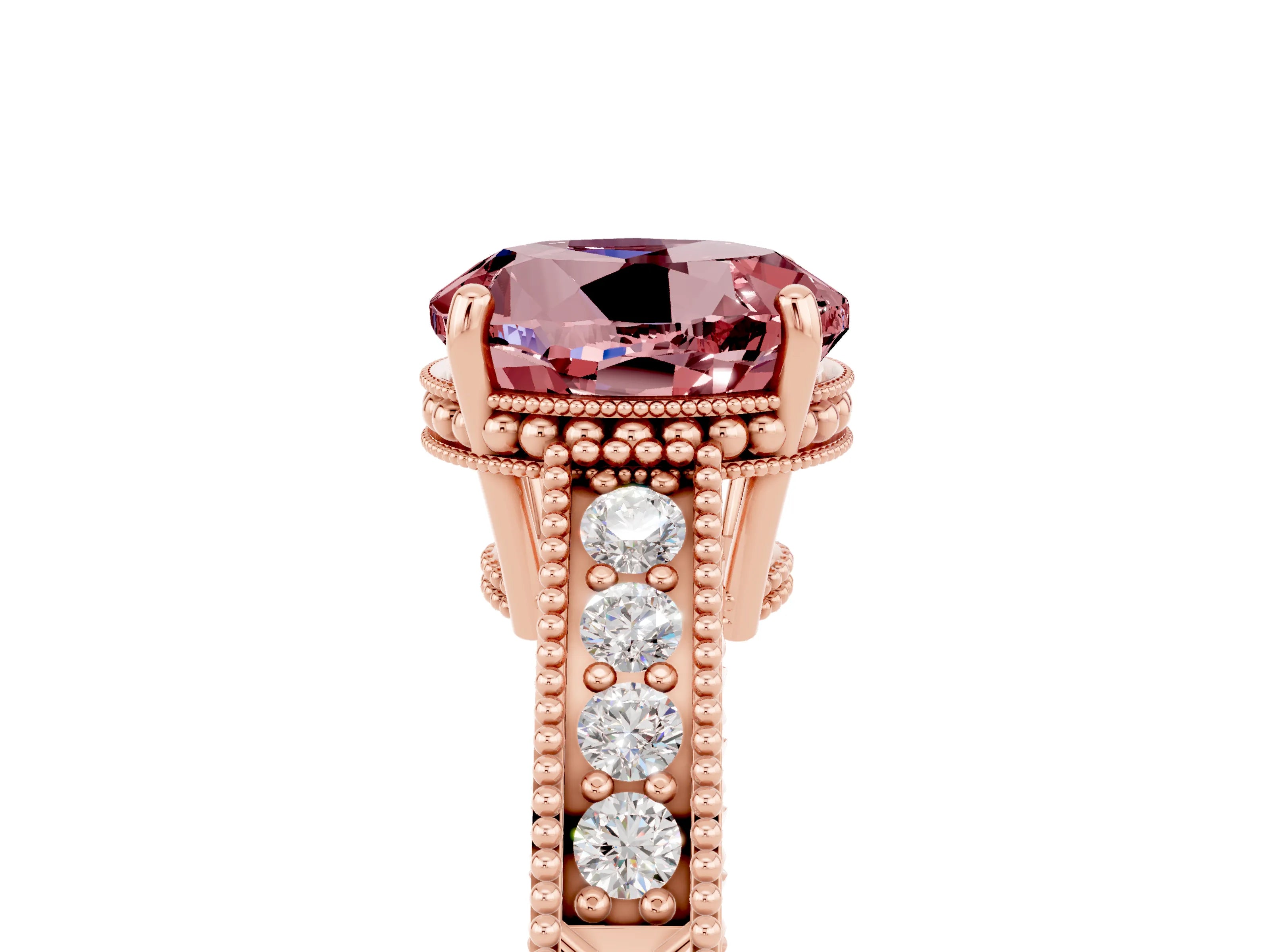 Rose gold Round Cut Morganite Engagement Ring with Milgrain Channel Set Band and Prong Setting_5