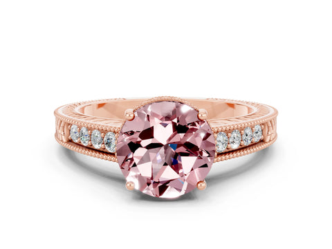 Rose gold Round Cut Morganite Engagement Ring with Milgrain Channel Set Band and Prong Setting