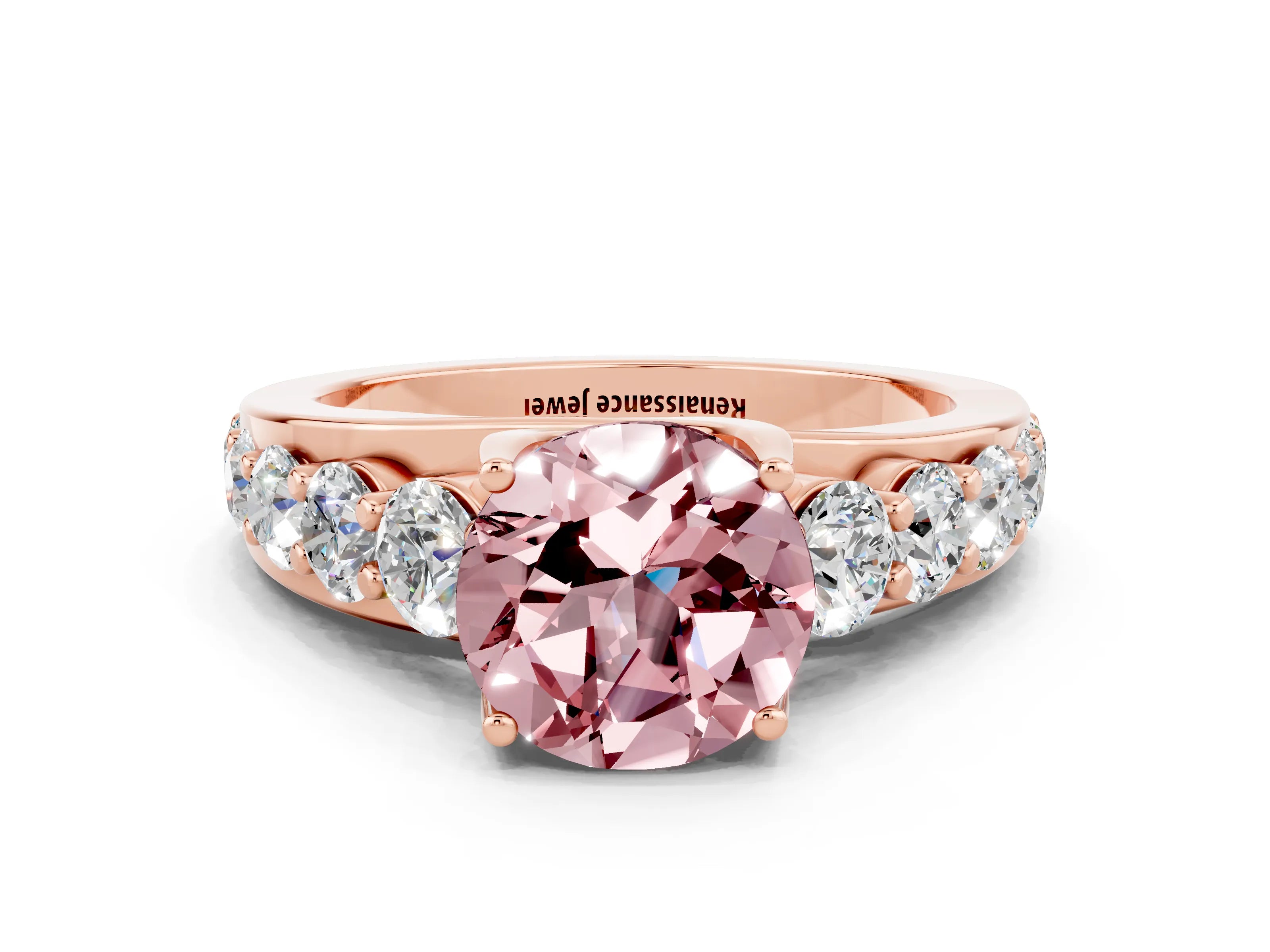 Rose gold Round Cut Morganite Engagement Ring with Pavé Band and Four-Prong Setting