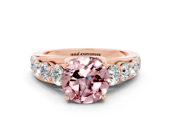 Rose gold Round Cut Morganite Engagement Ring with Pavé Band and Four-Prong Setting