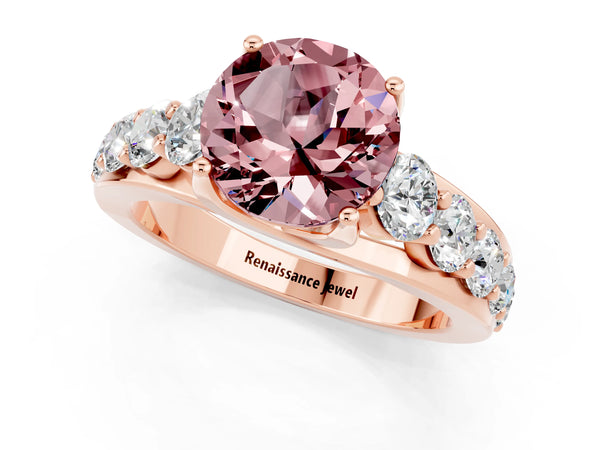 Rose gold Round Cut Morganite Engagement Ring with Pavé Band and Four-Prong Setting