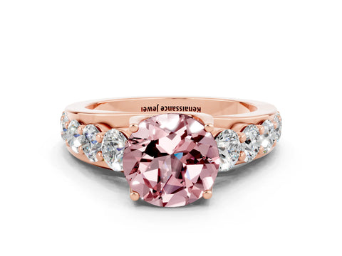 Rose gold Round Cut Morganite Engagement Ring with Pavé Band and Four-Prong Setting