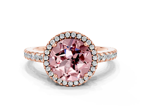 Rose gold Round Cut Morganite Halo Engagement Ring with Pavé Band and Prong Setting