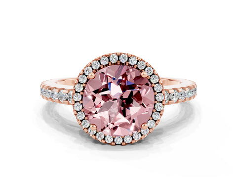 Rose gold Round Cut Morganite Halo Engagement Ring with Pavé Band and Prong Setting_12