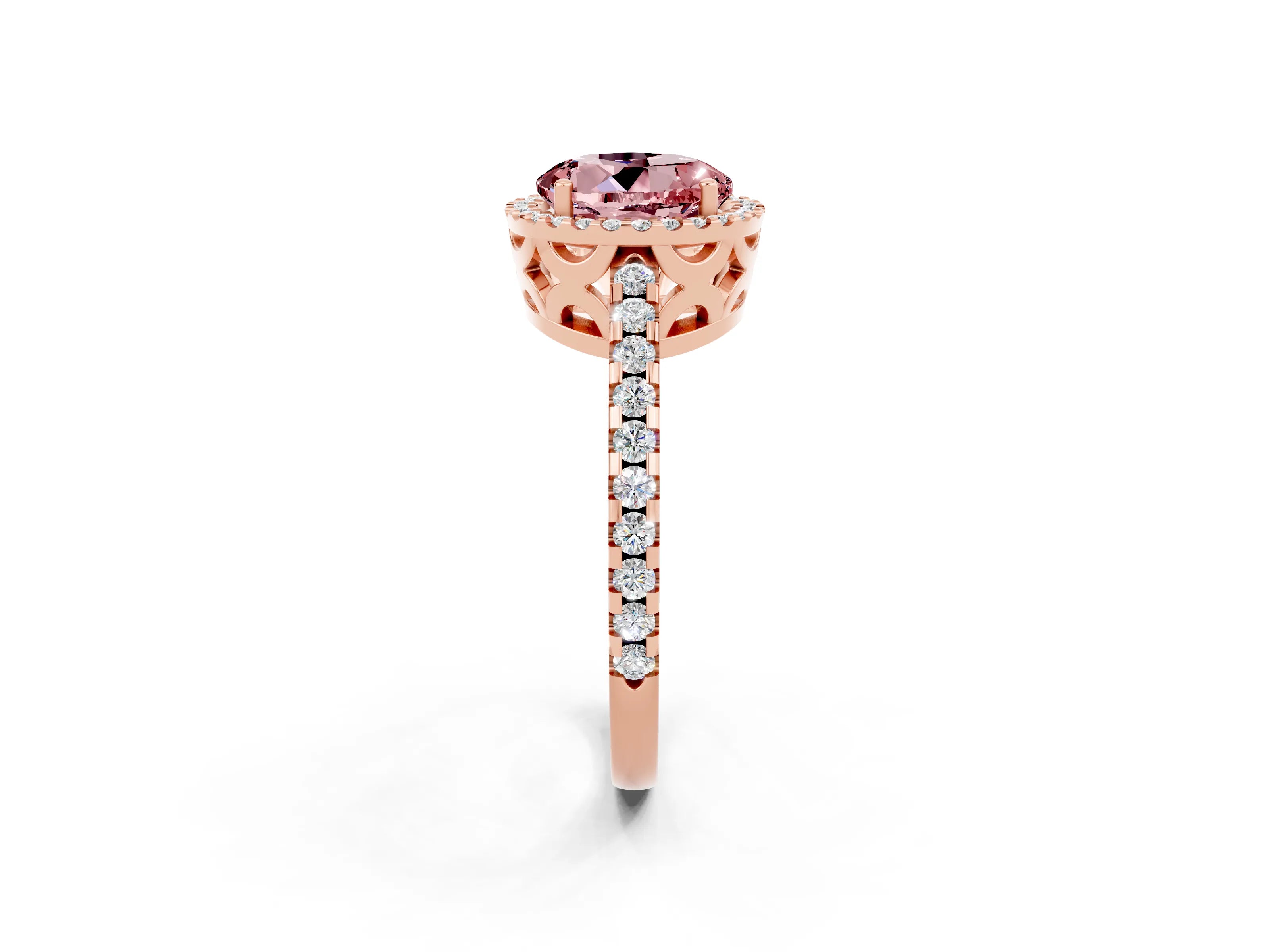 Rose gold Round Cut Morganite Halo Engagement Ring with Pavé Band and Prong Setting_14
