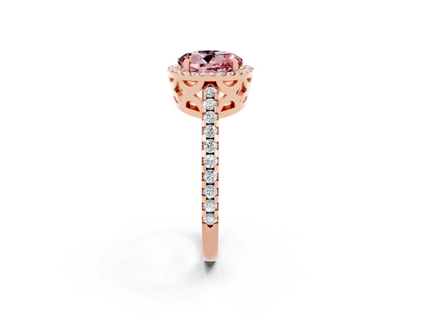Rose gold Round Cut Morganite Halo Engagement Ring with Pavé Band and Prong Setting