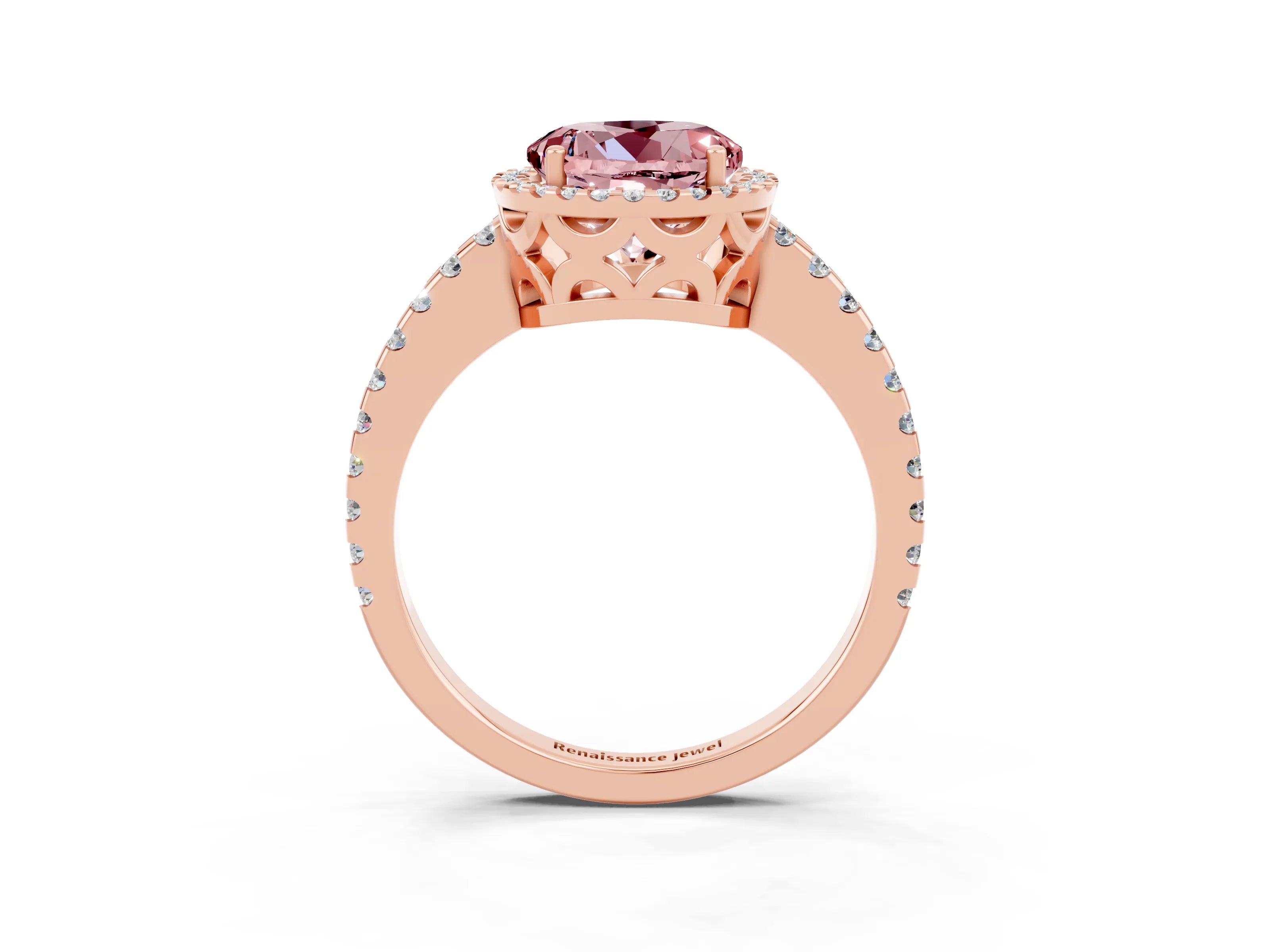 Rose gold Round Cut Morganite Halo Engagement Ring with Pavé Band and Prong Setting_15