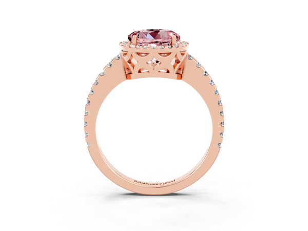 Rose gold Round Cut Morganite Halo Engagement Ring with Pavé Band and Prong Setting