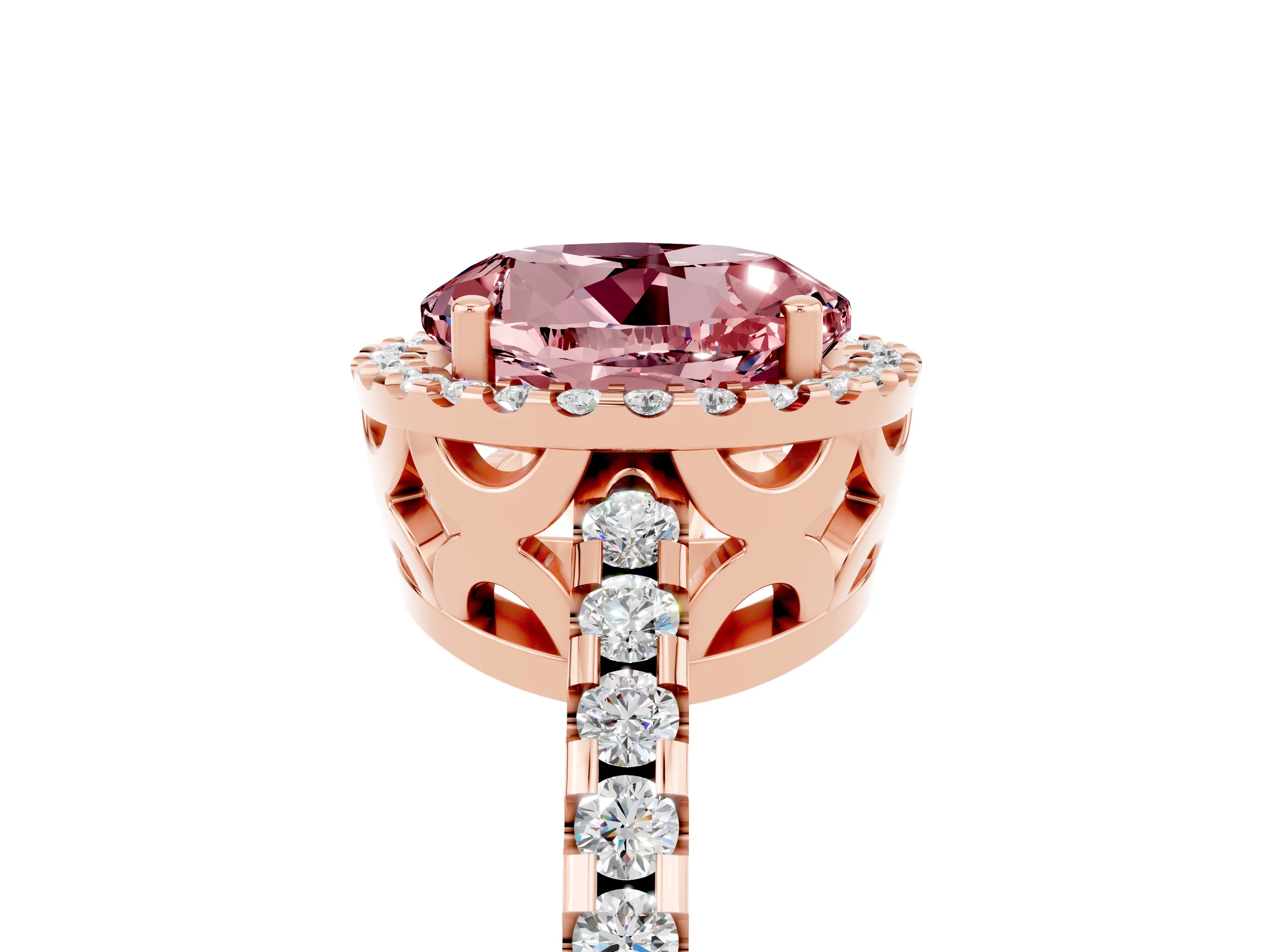 Rose gold Round Cut Morganite Halo Engagement Ring with Pavé Band and Prong Setting_17