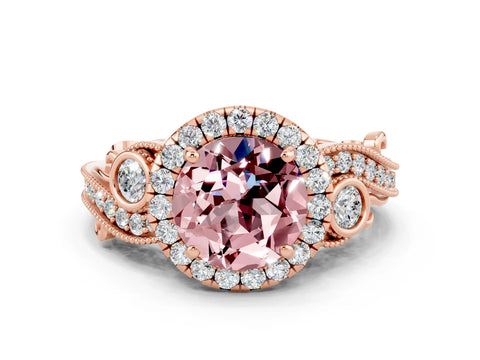 Rose gold Round Cut Morganite Halo Ring with Milgrain Pavé Band and Four-Prong Setting_12