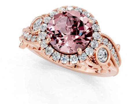 Rose gold Round Cut Morganite Halo Ring with Milgrain Pavé Band and Four-Prong Setting_13