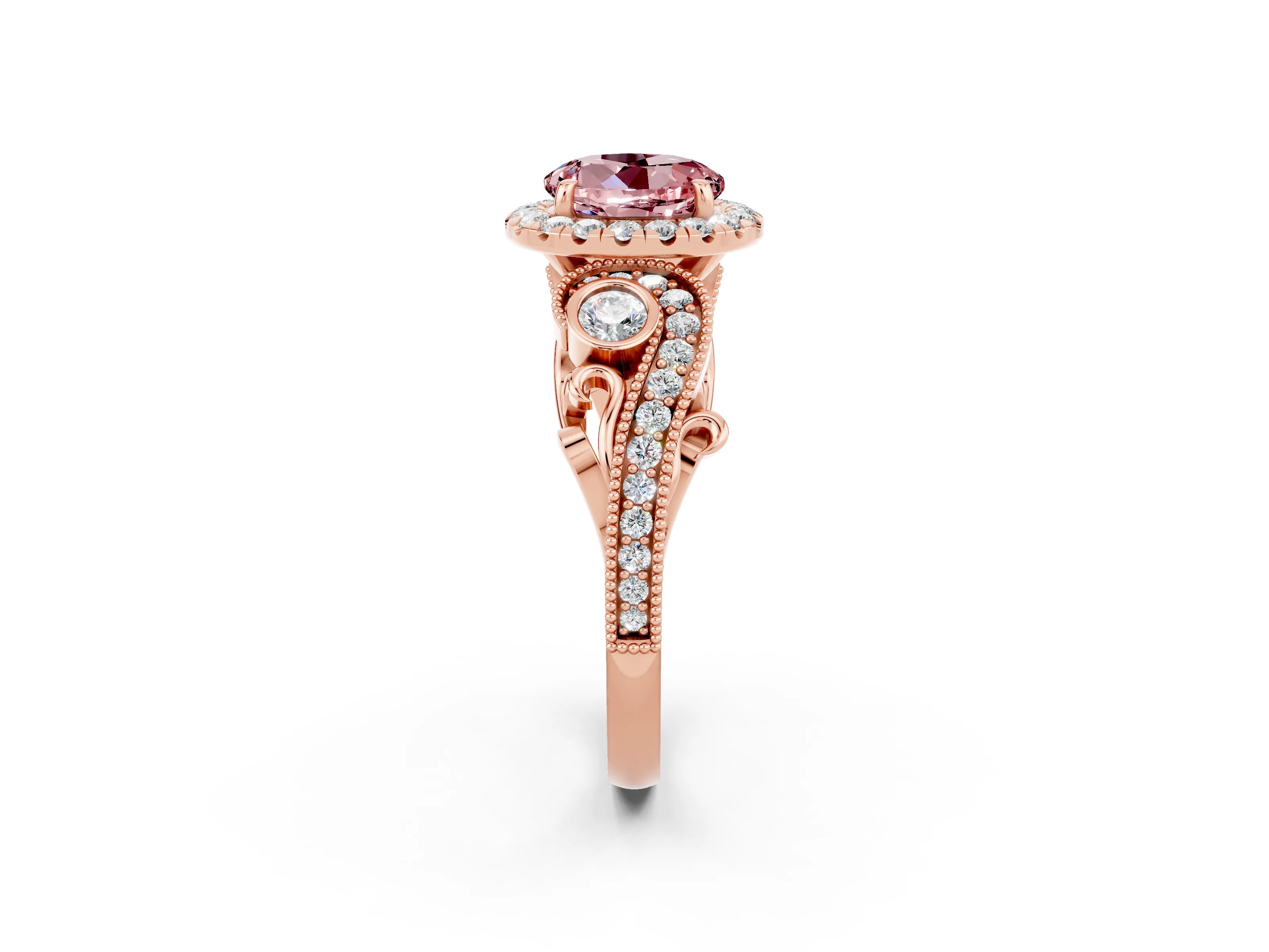 Rose gold Round Cut Morganite Halo Ring with Milgrain Pavé Band and Four-Prong Setting_14