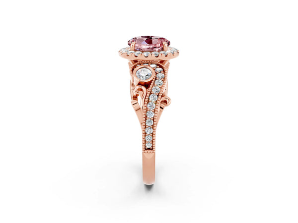 Rose gold Round Cut Morganite Halo Ring with Milgrain Pavé Band and Four-Prong Setting