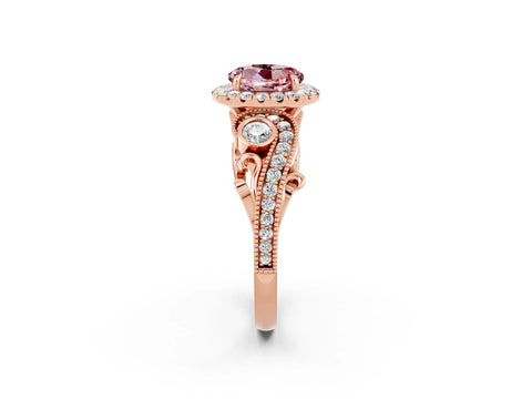Rose gold Round Cut Morganite Halo Ring with Milgrain Pavé Band and Four-Prong Setting_14