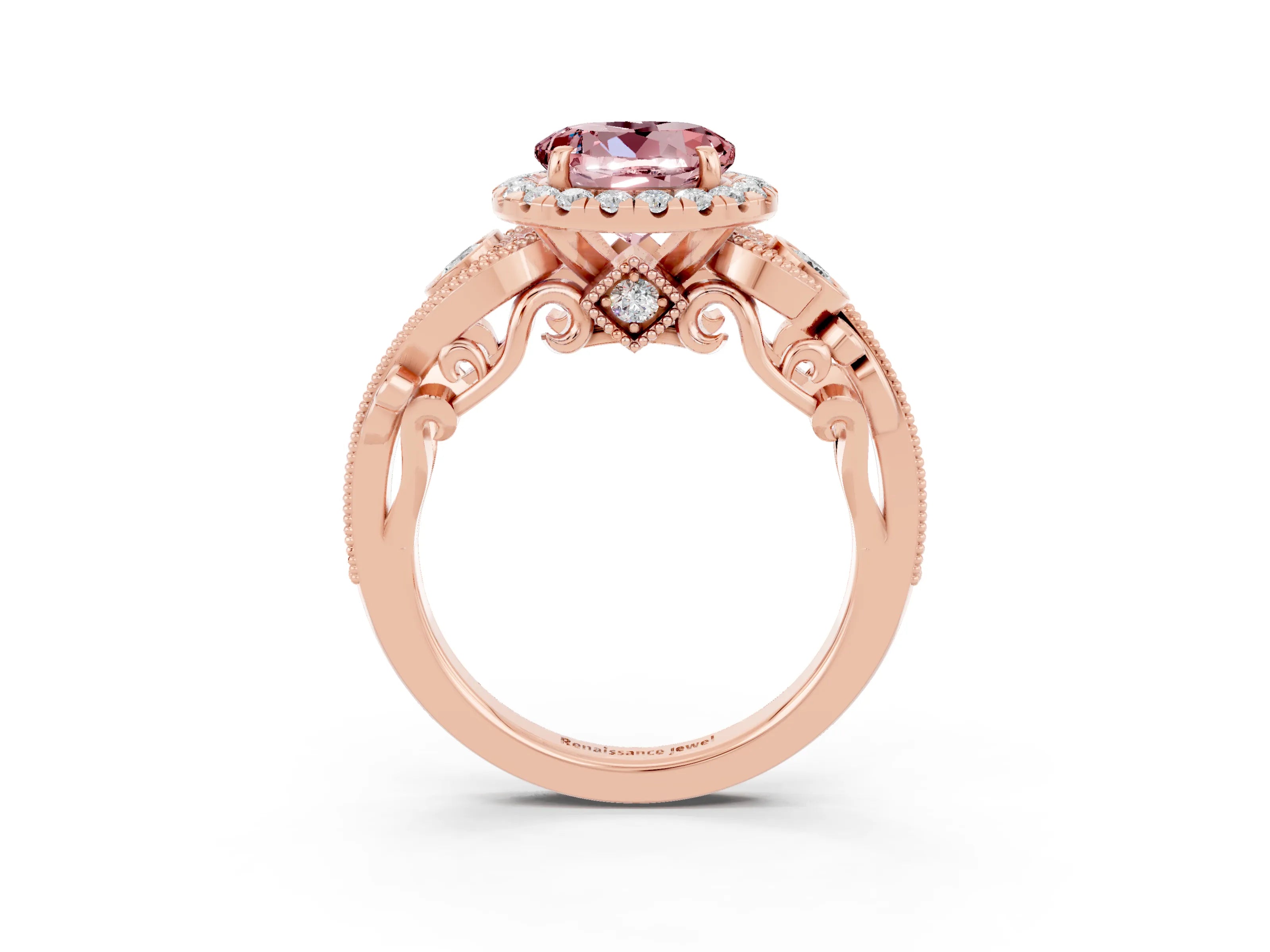 Rose gold Round Cut Morganite Halo Ring with Milgrain Pavé Band and Four-Prong Setting_15