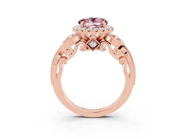 Rose gold Round Cut Morganite Halo Ring with Milgrain Pavé Band and Four-Prong Setting