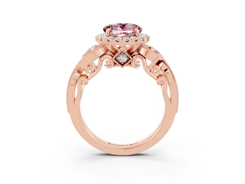 Rose gold Round Cut Morganite Halo Ring with Milgrain Pavé Band and Four-Prong Setting_15