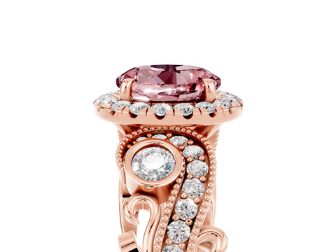 Rose gold Round Cut Morganite Halo Ring with Milgrain Pavé Band and Four-Prong Setting_17