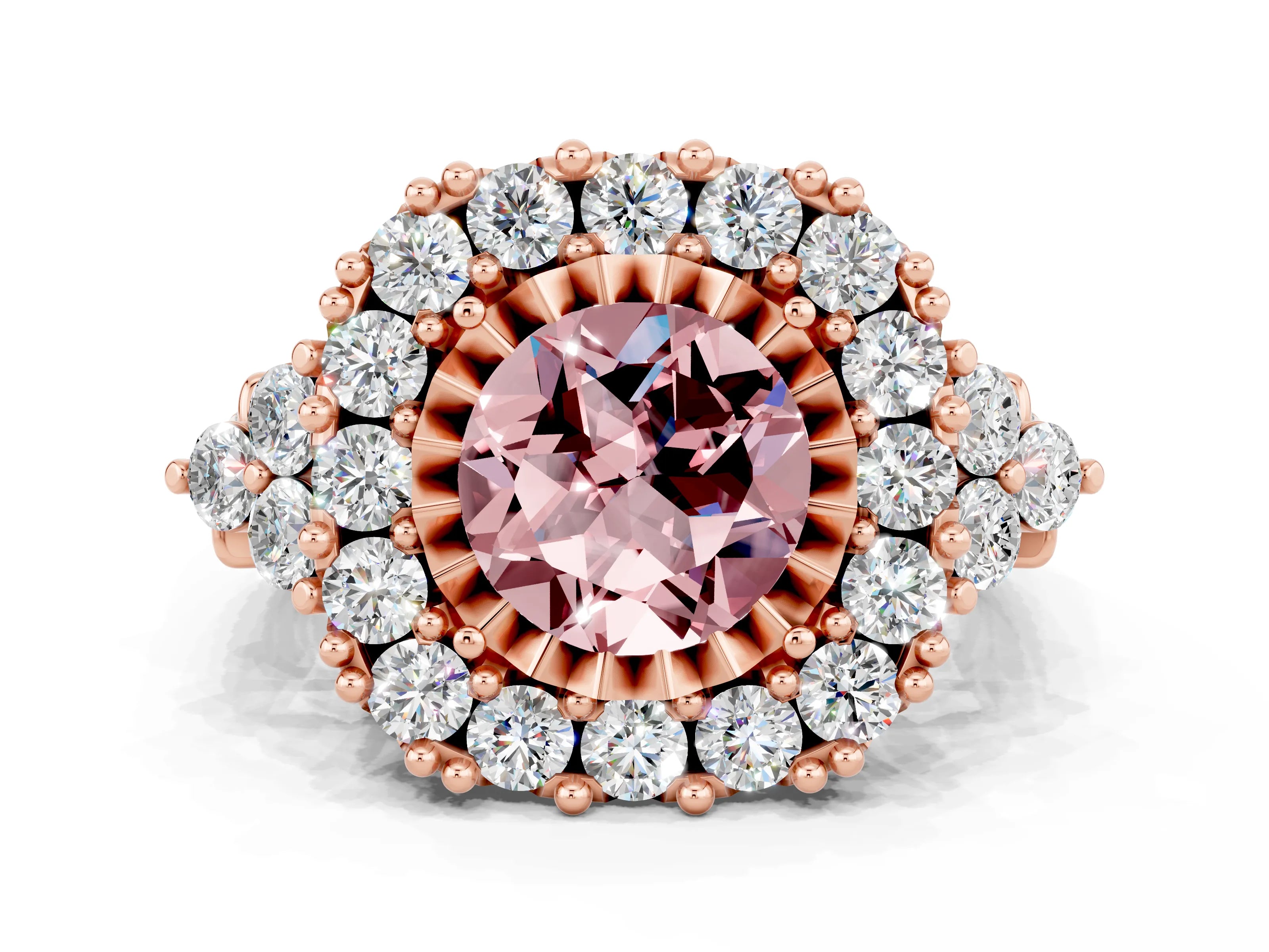 Rose gold Round Cut Morganite Halo Ring with Pavé Band and Four-Prong Setting_12