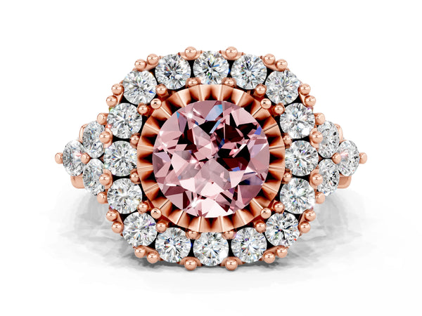Rose gold Round Cut Morganite Halo Ring with Pavé Band and Four-Prong Setting