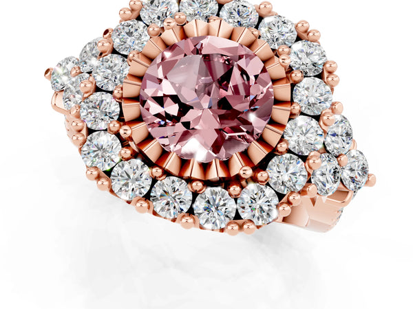 Rose gold Round Cut Morganite Halo Ring with Pavé Band and Four-Prong Setting