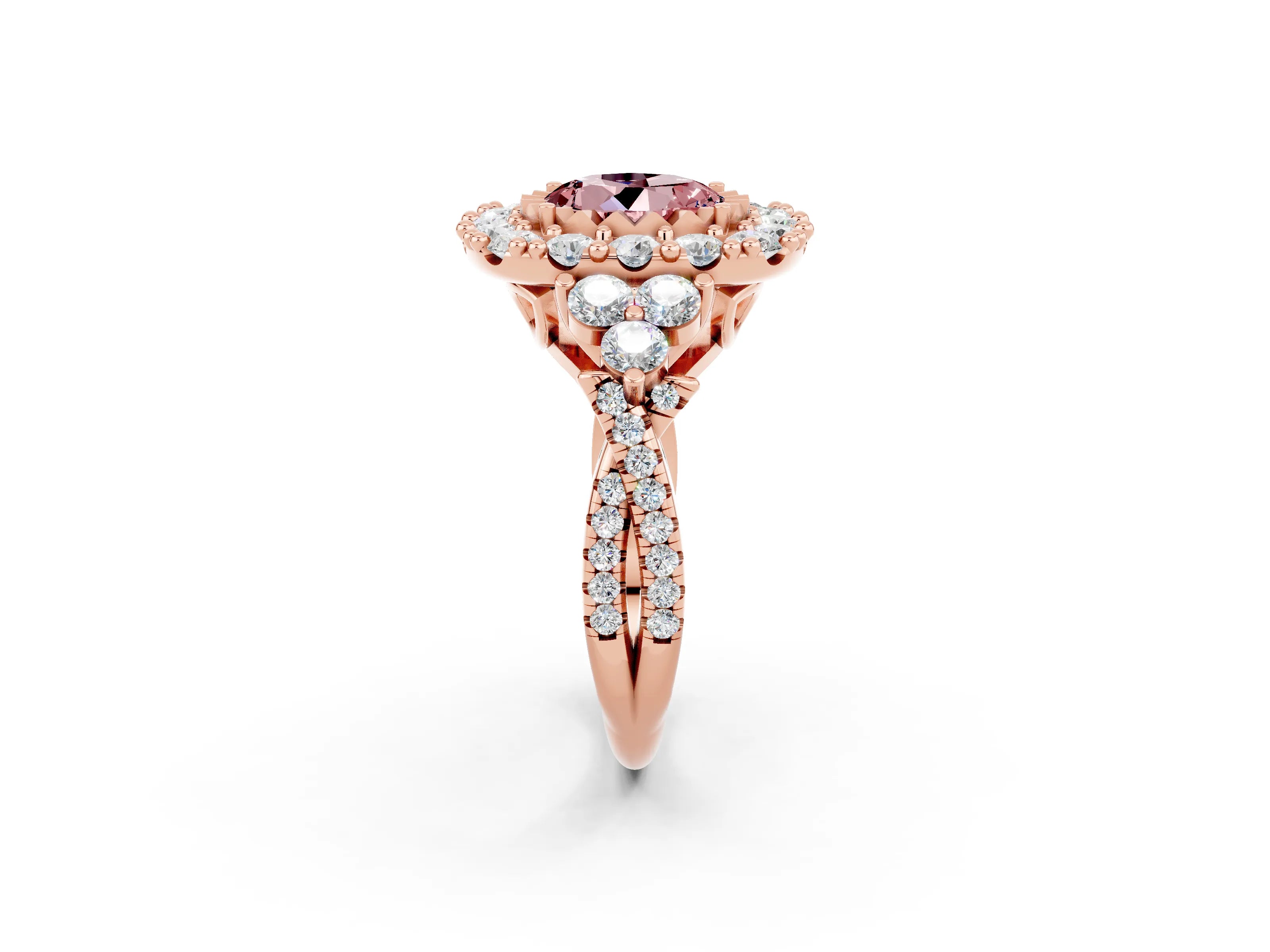 Rose gold Round Cut Morganite Halo Ring with Pavé Band and Four-Prong Setting_14
