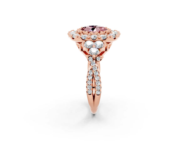 Rose gold Round Cut Morganite Halo Ring with Pavé Band and Four-Prong Setting
