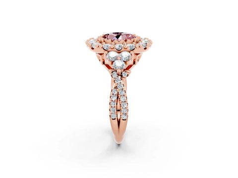 Rose gold Round Cut Morganite Halo Ring with Pavé Band and Four-Prong Setting_14