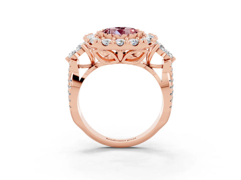 Rose gold Round Cut Morganite Halo Ring with Pavé Band and Four-Prong Setting_15