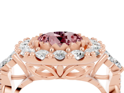 Rose gold Round Cut Morganite Halo Ring with Pavé Band and Four-Prong Setting_16
