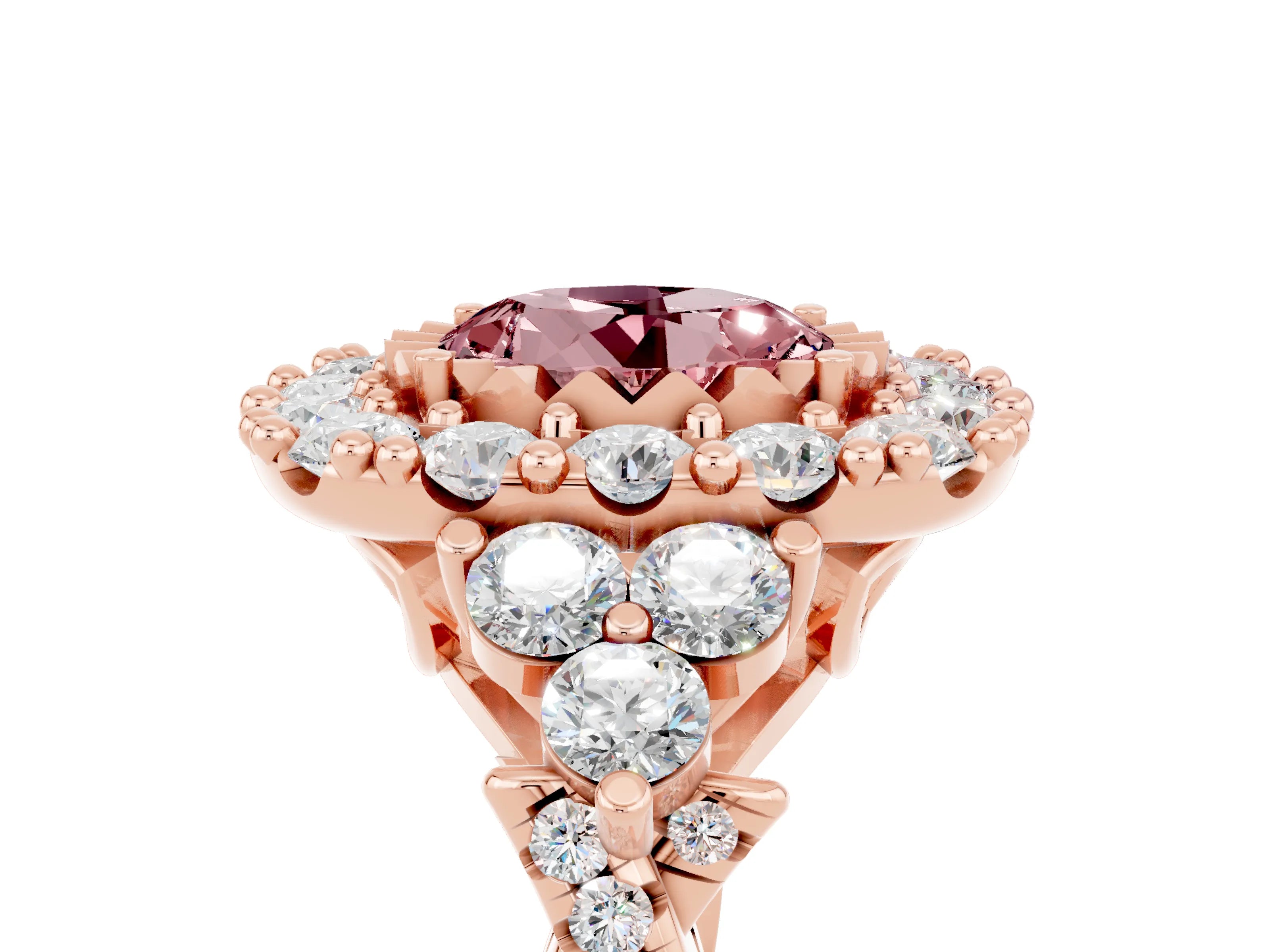 Rose gold Round Cut Morganite Halo Ring with Pavé Band and Four-Prong Setting_17