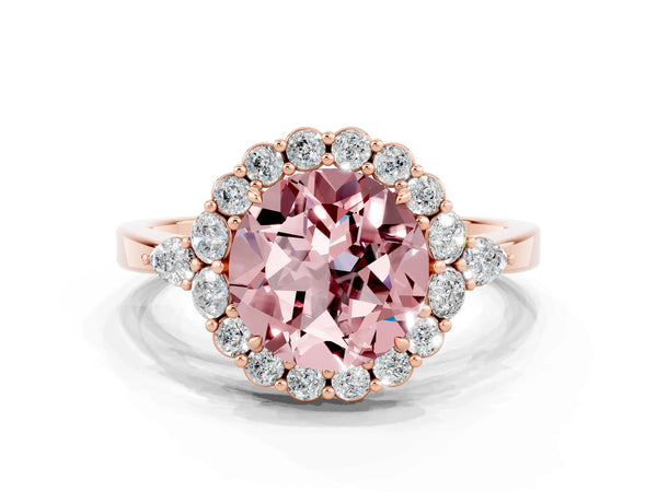 Rose gold Round Cut Morganite Halo Ring with Pear Side Stones and Prong Setting