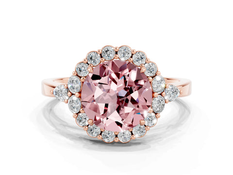 Rose gold Round Cut Morganite Halo Ring with Pear Side Stones and Prong Setting_12