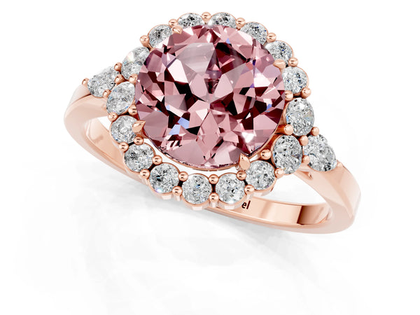 Rose gold Round Cut Morganite Halo Ring with Pear Side Stones and Prong Setting